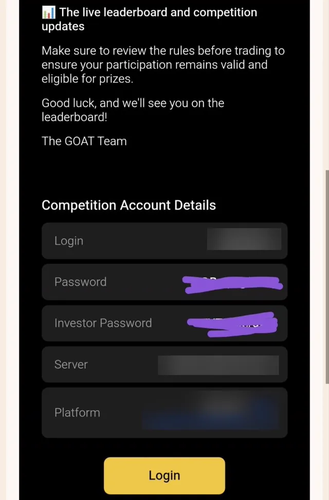 Redacted member competition account details, login, server and platform blurred and passwords masked